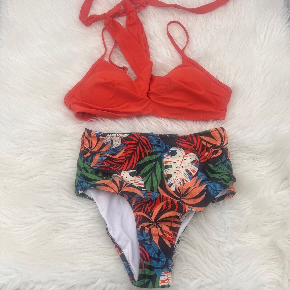 Womens Tropical Print High-Waisted Bikini Set With Orange Twist Top Medium NWT